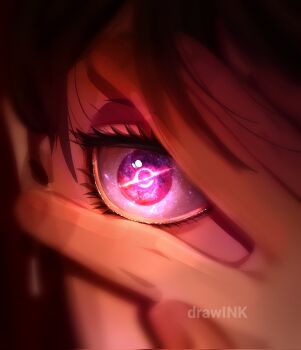 1girl artist_name black_hair blurry boruto:_two_blue_vortex close-up commentary corrupted_twitter_file drawink eye_focus eyelashes highres mangekyou_sharingan naruto_(series) peeking_through_fingers red_eyes sharingan solo uchiha_sarada