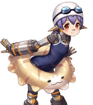 1girl android blue_one-piece_swimsuit closed_mouth commentary_request goggles hakusai_(hksicabb) highres innertube joints leaning_forward one-piece_swimsuit orange_eyes poppi_(xenoblade) purple_hair robot_joints simple_background smile solo standing swim_cap swim_goggles swim_ring swimsuit white_background xenoblade_chronicles_(series) xenoblade_chronicles_2