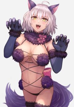 1girl absurdres ahoge alternate_costume animal_ears blush breasts commentary cosplay english_commentary fake_animal_ears fake_tail fate/grand_order fate_(series) fur_collar fur_trim grey_hair highres jeanne_d'arc_alter_(fate) large_breasts looking_at_viewer mash_kyrielight mash_kyrielight_(dangerous_beast) mash_kyrielight_(dangerous_beast)_(cosplay) navel open_mouth revealing_clothes short_hair simple_background smile solo stomach sushisnek tail teeth upper_teeth_only white_background wolf_ears wolf_tail yellow_eyes