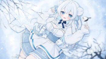 Rule 34 | 1girl, bib collar, bird, blue corset, blue dress, blue eyes, blue ribbon, breasts, cleavage, cleavage cutout, clothing cutout, commentary request, commission, corset, double bun, dress, frilled dress, frills, hair bun, hair ribbon, highres, indie virtual youtuber, large breasts, layered dress, long hair, long sleeves, lying, mmmow, multicolored dress, neck ribbon, on back, open mouth, ribbon, snow, snowflakes, solo, virtual youtuber, white dress, white hair