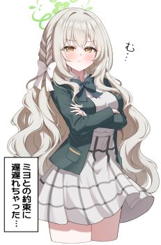 1girl :t absurdres blazer blue_archive blue_bow blue_bowtie blush bow bowtie braid breasts closed_mouth collared_shirt commentary_request crossed_arms dress_shirt embarrassed felice_ykr green_halo green_jacket grey_hair grey_skirt hair_between_eyes hair_bow hair_intakes hair_ribbon halo highres jacket long_hair long_sleeves looking_at_viewer medium_breasts medium_skirt miyo_(blue_archive) multicolored_hair plaid_clothes plaid_skirt pleated_skirt pout ribbon ribbon_braid school_uniform shirt skirt solo translation_request very_long_hair wavy_hair white_bow white_hair white_ribbon white_shirt yellow_eyes