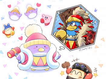 Rule 34 | bandana, bandana waddle dee, bird, blue bandana, blush stickers, closed eyes, colored skin, commentary request, corori, cosplay, goggles, goggles on head, hammer, heart, holding, holding hammer, king dedede, king dedede (cosplay), kirby, kirby (series), kirby and the forgotten land, knit hat, nintendo, no humans, penguin, pink skin, pom pom (clothes), smile, star (symbol), toy hammer, twitter username, yamy (iseki no kusamura)