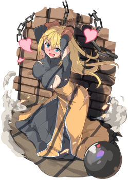 1girl absurdres arms_up ball_and_chain_restraint bdsm black_bodysuit blonde_hair blue_eyes blush bodysuit breasts brick_wall commentary_request darkness_(konosuba) dress full_body hair_between_eyes hair_ornament heart highres kono_subarashii_sekai_ni_shukufuku_wo! large_breasts long_hair looking_at_viewer onabe915 open_mouth ponytail restrained shadow solo torn_bodysuit torn_clothes x_hair_ornament
