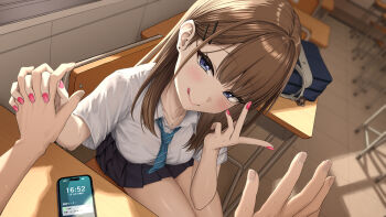 1boy 1girl :q absurdres aoi_tiduru black_skirt blue_eyes blush breast_pocket breasts brown_hair chair classroom closed_mouth collared_shirt desk diagonal-striped_clothes diagonal-striped_necktie earrings from_above gyaru hair_ornament hairclip hand_up highres holding_hands indoors jewelry kogal long_hair looking_at_viewer medium_breasts miniskirt mole mole_under_eye nail_polish necktie original pleated_skirt pocket pov pov_hands school school_chair school_desk school_uniform shirt short_sleeves sitting skirt smile solo_focus striped_clothes thighs tongue tongue_out v white_shirt