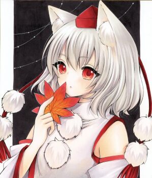 Rule 34 | 1girl, absurdres, animal ear fluff, animal ears, autumn leaves, commentary, detached sleeves, grey hair, hat, highres, holding, holding leaf, inubashiri momiji, leaf, maple leaf, pom pom (clothes), red eyes, red hat, solo, symbol-only commentary, tokin hat, touhou, wolf ears, wolf girl, yuuki hana (jtnp5334)