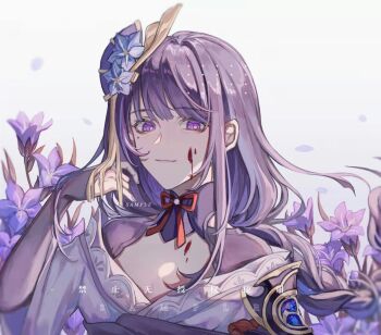 Rule 34 | 1girl, arm up, blood, blood on face, blunt bangs, braid, bridal gauntlets, chinese commentary, closed mouth, commentary request, commission, flower, genshin impact, gradient background, grey background, hair flowing over, hair ornament, image sample, japanese clothes, kimono, leaning to the side, light smile, lofter sample, long braid, looking at viewer, mole, mole under eye, outdoors, portrait, purple eyes, purple flower, purple hair, purple kimono, raiden shogun, sample watermark, shade, shadow, shansongzi, single braid, solo, upper body, watermark