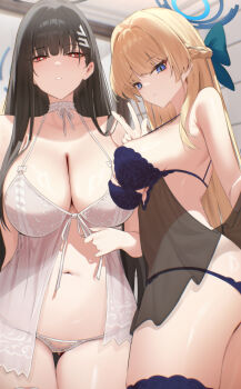 2girls babydoll black_hair blonde_hair blue_archive blue_eyes blue_halo blue_panties braid breasts bright_pupils choker cleavage closed_mouth commentary_request hair_ornament hairclip halo highres kakumayu large_breasts lingerie looking_at_viewer multiple_girls official_alternate_hairstyle panties parted_lips red_eyes rio_(blue_archive) toki_(blue_archive) underwear white_babydoll white_choker white_panties white_pupils
