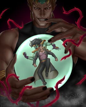 1other 2020 2boys absurdres birthmark black_nails blonde_hair bracelet commentary crystal_ball dio_brando english_commentary evil_grin evil_smile green_headband grin headband highres jewelry jojo_no_kimyou_na_bouken kuujou_joutarou magenta_sunrise male_focus multiple_boys muscular muscular_male red_eyes smile stand_(jojo) star_platinum stardust_crusaders v-shaped_eyebrows watermark