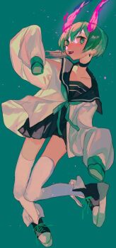 1girl black_choker black_dress black_sailor_collar black_shoes blue_background blue_neckerchief choker commentary_request dress fiery_horns fire full_body green_eyes green_hair highres horns long_sleeves looking_at_viewer neckerchief open_mouth original purple_fire sailor_collar shinjitsu_no_kuchi shirt shoes short_hair simple_background sleeves_past_fingers sleeves_past_wrists smile solo thighhighs white_shirt white_thighhighs