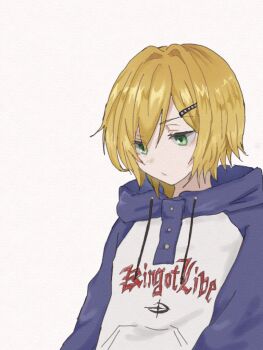 1boy blonde_hair blue_hood blue_sleeves blush closed_mouth clothes_writing drawstring green_eyes hair_intakes hair_ornament hair_over_one_eye hairclip hood hood_down hoodie long_sleeves looking_down male_focus mumechiyaa55 nijisanji no_headwear no_jacket print_hoodie raglan_sleeves short_hair simple_background solo upper_body uzuki_kou uzuki_kou_(5th_costume) virtual_youtuber white_background white_hoodie wolf_cut