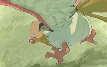 animal_focus beak bird flying gen_1_pokemon grass nintendo no_humans open_mouth outdoors pokemon pokemon_(creature) pokemon_focus sakuraiisui spearow wings