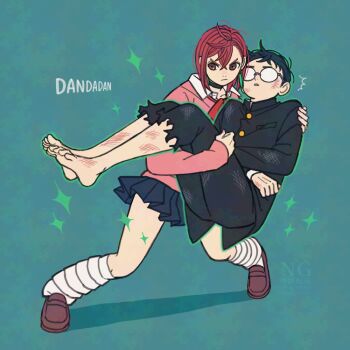 Rule 34 | 1boy, 1girl, ayase momo, barefoot, battle damage, black choker, black hair, black jacket, black pants, blue skirt, bow, bowtie, brown eyes, brown hair, brown shoes, bruise, bruise on face, bruise on leg, carrying, choker, closed mouth, collared shirt, commentary request, copyright name, crossed bangs, dandadan, dirty, dirty clothes, dirty feet, earrings, full body, furrowed brow, gakuran, glasses, hair between eyes, injury, jacket, jewelry, k ysd001, kami high school uniform, loafers, long sleeves, loose socks, pants, parted lips, pink sweater, pleated skirt, princess carry, red bow, red bowtie, reverse princess carry, round eyewear, school uniform, shirt, shirt under sweater, shoes, short hair, simple background, skirt, socks, sparkle, standing, sweater, takakura ken (dandadan), torn clothes, torn pants, v-shaped eyebrows, white shirt, white socks