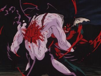 1990s_(style) 2boys amon:_the_apocalypse_of_devilman amon_(devilman) anime_screenshot back beard black_hair blood body_markings colored_skin demon demon_boy demon_wings devilman devilman_(character) facial_hair fighting fudou_akira head_wings injury male male_focus membrane monster monster_boy multiple_boys muscular muscular_male red_skin retro_artstyle tagme tail wings