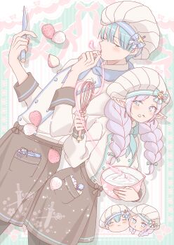 Rule 34 | 1boy, 1girl, absurdres, baking, black skirt, blue eyes, blue hair, chef hat, commentary request, cooking, cream, earrings, elf, food, frieren, fruit, half-closed eyes, hat, heart, highres, himmel (sousou no frieren), holding, holding knife, jewelry, knife, long hair, low twintails, mixing bowl, pointy ears, sachinyopo, shirt, short hair, skirt, sousou no frieren, standing, strawberry, twintails, whisk, white hair, white shirt