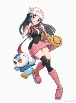 1girl absurdres bag beak beanie bird black_shirt black_thighhighs blue_eyes blue_hair blush boots breasts closed_mouth commentary_request dawn_(pokemon) duffel_bag full_body gen_4_pokemon gonzarez hair_ornament hairclip hat highres holding holding_poke_ball long_hair looking_at_viewer medium_breasts miniskirt nintendo one_eye_closed open_mouth penguin pink_boots pink_skirt piplup poke_ball poke_ball_(basic) poke_ball_print poke_ball_symbol pokemon pokemon_(creature) pokemon_dppt poketch red_scarf scarf shirt simple_background skirt sleeveless smile thighhighs watch white_background white_hat white_shirt wristwatch