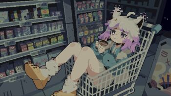 1girl ahoge animal_ears another_pixel_artist bright_pupils commentary commission crocs cup digital_dissolve english_commentary grey_shorts highres holding holding_cup in_shopping_cart indie_virtual_youtuber jitome loose_socks pixel_art purple_eyes purple_hair shoes shopping_cart shorts socks solo supermarket virtual_youtuber white_pupils yellow_shoes