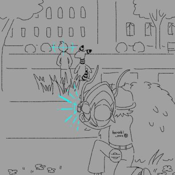 1boy 1other aiming ampharos building bush clawitzer commentary_request crosshair flat_color from_behind gen_2_pokemon gen_6_pokemon grass greyscale hat highres holding holding_pokemon horubi_non monochrome nintendo on_one_knee pants paxton_(pokemon) pokemon pokemon_(creature) pokemon_legends:_z-a short_hair standing tree unconventional_weapon