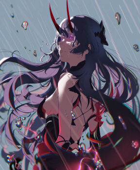 Rule 34 | 1girl, absurdres, ahoge, anthony blazze, armor, back, bare shoulders, breasts, commentary, english commentary, grey background, highres, honkai (series), honkai impact 3rd, horns, large breasts, long hair, pauldrons, purple eyes, purple hair, raiden mei, raiden mei (herrscher of thunder), rain, shoulder armor, sideboob, simple background, single pauldron, solo, wet