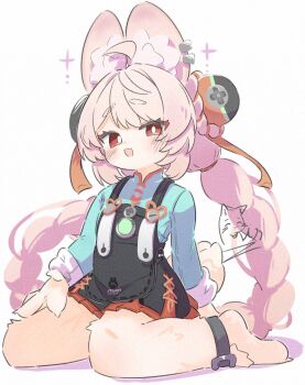 1girl accessories animal_ear_fluff black_dress blush bright_pupils dress ear_piercing furry furry_female green_shirt hand_on_own_leg highres inaririn looking_at_viewer medallion piercing pink_fur rabbit_girl red_eyes screw shirt sitting solo thick_eyebrows twintails white_background white_fur white_pupils zenless_zone_zero zhao_(zenless_zone_zero)