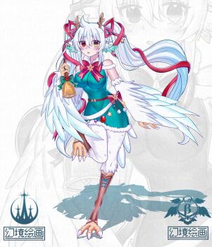 1girl absurdres animal_ears animal_hands bare_shoulders bell bird_ears bird_legs bird_tail blush breasts christmas claws commentary_request dress feathers full_body genkyopainting green_dress harpy heterochromia highres holding holding_bell jewelry kneehighs large_breasts long_hair looking_at_viewer monster_girl open_mouth original red_eyes ring santa_costume santa_dress sleeveless sleeveless_dress socks solo standing standing_on_one_leg tail talons twintails very_long_hair white_feathers white_hair white_wings wings yellow_eyes zoom_layer