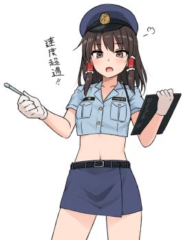 Rule 34 | 1girl, alternate costume, belt, black belt, blue shirt, blue skirt, blush, breasts, brown eyes, brown hair, clipboard, collarbone, collared shirt, commentary request, crop top, frilled hair tubes, frills, gloves, hair tubes, hakurei reimu, hat, highres, holding, holding clipboard, long hair, looking at viewer, midriff, miyo (ranthath), name tag, navel, open mouth, police, police hat, police uniform, policewoman, puff of air, shirt, short sleeves, simple background, skirt, small breasts, solo, touhou, translation request, twitter username, white background, white gloves