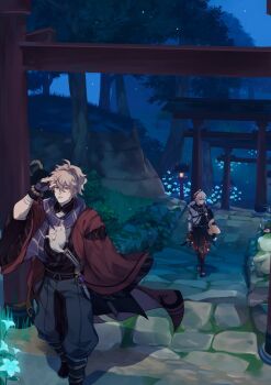 2boys antenna_hair arm_up armor artist_name asymmetrical_sleeves bake-danuki_(genshin_impact) bandaged_arm bandaged_leg bandages bead_bracelet beads belt black_belt black_gloves black_kimono black_scarf blonde_hair blue_flower bracelet brown_ribbon brown_shorts cat chest_belt cleavage_cutout closed_mouth clothing_cutout coat commentary crossed_bangs english_commentary fingerless_gloves flower forest genshin_impact gloves glowing_flower grass grey_pants hair_between_eyes hakama hakama_shorts haori high_ponytail highres hip_vent japanese_armor japanese_clothes jewelry kaedehara_kazuha katana kazuha's_friend_(genshin_impact) kimono kuro_lee lantern leaf leaf_on_head long_hair long_sleeves looking_to_the_side low_ponytail male_focus mismatched_sleeves moss mouth_hold multicolored_hair multiple_boys multiple_torii musical_note nature night open_clothes open_coat open_mouth outdoors pants pantyhose pom_pom_(clothes) ponytail purple_eyes purple_scarf red_coat red_eyes red_hair red_pantyhose red_ribbon red_scarf ribbon sandals scarf shadow sheath sheathed short_sleeves shorts shoulder_armor sidelocks single_sode sky sode stairs stalk_in_mouth stone_stairs stone_walkway streaked_hair sword tanuki tassel torii tree twitter_username vision_(genshin_impact) walking weapon white_cat white_hair white_kimono wide_sleeves wooden_lantern