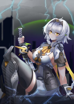 Rule 34 | 1girl, anby demara, anby demara (silver soldier), ascot, azuki pii, black hairband, black thighhighs, braid, braided sidelocks, closed mouth, commentary request, fingerless gloves, food-themed hair ornament, gloves, grey gloves, grey hair, hair ornament, hair wagging, hairband, highres, holding, holding sword, holding weapon, looking at viewer, orange ascot, orange eyes, outdoors, short hair, shrug (clothing), sideboob cutout, sitting, solo, sword, thighhighs, weapon, white shrug, zenless zone zero