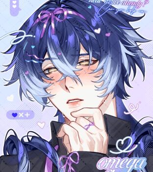 1boy blush crossed_legs flins_(genshin_impact) genshin_impact hand_on_own_face long_hair long_sleeves looking_to_the_side male_focus open_mouth ribbon rourouki solo teeth writing yellow_eyes