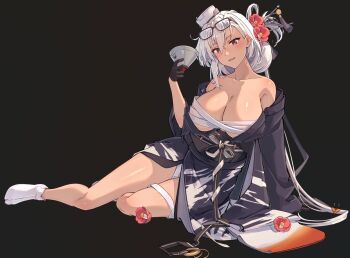 1girl bandages black_gloves black_kimono blush breasts cleavage commentary_request dark-skinned_female dark_skin eyewear_on_head flower full_body glasses gloves hair_between_eyes heart himeyamato holding japanese_clothes kantai_collection kimono large_breasts long_hair looking_at_viewer md5_mismatch musashi_(kancolle) musashi_(new_year)_(kancolle) new_year obi off_shoulder open_clothes open_kimono parted_lips red_eyes red_flower sash signature simple_background sitting solo tabi tassel white_hair wide_sleeves