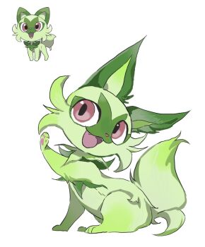 Rule 34 | animal focus, animal hands, bairizuomeng, cat, fangs, full body, green fur, looking at viewer, nintendo, no humans, open mouth, pawpads, pink eyes, pokemon, pokemon (creature), pokemon focus, reference inset, simple background, sitting, solo, sprigatito, two-tone fur, white background