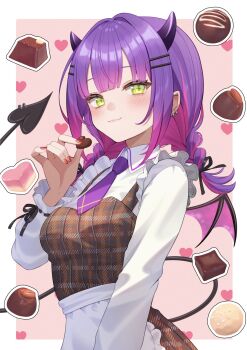Rule 34 | 1girl, :3, apron, barbell piercing, braid, breasts, brown dress, center-flap bangs, chopsticks, closed mouth, collared shirt, colored inner hair, commentary request, demon girl, demon horns, demon tail, demon wings, double-parted bangs, dress, ear piercing, earrings, gradient hair, green eyes, hair ornament, hairclip, highres, holding, holding chopsticks, hololive, horns, industrial piercing, jewelry, long hair, long sleeves, looking at viewer, low twin braids, medium breasts, multicolored hair, nail polish, nametakeko, necktie, parallel hairclips, piercing, pinafore dress, pink hair, pointy ears, purple hair, purple necktie, red nails, shirt, short necktie, sleeveless, sleeveless dress, solo, streaked hair, tail, tail ornament, tail piercing, tokoyami towa, twin braids, valentine, virtual youtuber, waist apron, white apron, white shirt, wings