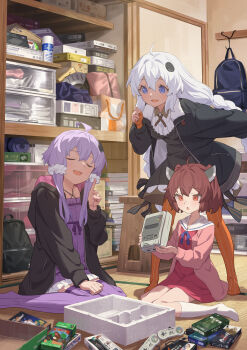 3girls :d :o ahoge backpack bag black_dress black_hoodie black_jacket blue_eyes blue_ribbon braid brown_hair closed_eyes commentary_request dress fingerless_gloves game_console gloves hair_between_eyes hair_ornament hand_up headgear highres holding hood hood_down hoodie index_finger_raised indoors jacket kizuna_akari long_hair long_sleeves multiple_girls neck_ribbon open_clothes open_hoodie open_jacket open_mouth orange_eyes orange_gloves orange_pantyhose pantyhose pink_shirt purple_dress purple_hair purple_thighhighs ribbon sailor_collar shirt short_hair short_hair_with_long_locks sidelocks sitting smile socks striped_clothes striped_gloves striped_pantyhose super_famicom super_famicom_gamepad thighhighs touhoku_kiritan twin_braids voiceroid wariza white_hair white_sailor_collar white_socks yamamomo_(plank) yuzuki_yukari