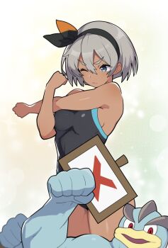 Rule 34 | 1girl, alternate costume, bea (pokemon), black hairband, black one-piece swimsuit, blue eyes, bow hairband, breasts, closed mouth, commentary request, competition swimsuit, convenient censoring, cowboy shot, gen 1 pokemon, grey hair, hair between eyes, hairband, highleg, highleg one-piece swimsuit, looking down, machamp, medium breasts, mituyota 76, nintendo, one-piece swimsuit, one eye closed, placard, pokemon, pokemon swsh, short hair, sign, simple background, solo, steaming body, stretching, swimsuit, white background, x (symbol)