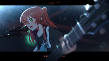 1girl absurdres black_shirt blurry blurry_foreground bocchi_the_rock! collarbone commentary_request copyright_name cr_iws_t_72 depth_of_field green_eyes highres kessoku_band_logo kessoku_band_t-shirt kita_ikuyo letterboxed long_hair microphone music official_alternate_costume one_side_up open_mouth outside_border red_hair shirt short_sleeves singing solo sweat t-shirt upper_body