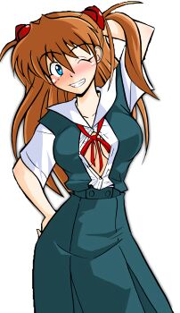 1girl arm_behind_head arm_up blue_eyes blush breasts cleavage contrapposto cowboy_shot facing_viewer grin half_updo hand_on_own_hip hetano_yokoduki highres interface_headset_(evangelion) large_breasts long_hair looking_at_viewer model_pose neon_genesis_evangelion no_bra one_eye_closed open_clothes open_shirt orange_hair school_uniform simple_background smile solo souryuu_asuka_langley standing tokyo-3_middle_school_uniform twintails white_background wink