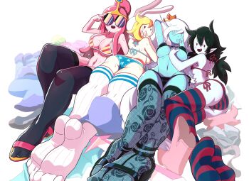 4girls adventure_time animal_hood ass bikini black_legwear blonde_hair blue_skin breasts cartoon_network cleavage colored_skin crown fangs feet fionna_campbell gashi-gashi glasses hood ice_queen_(adventure_time) lingerie long_hair lying marceline_abadeer midriff multiple_girls navel on_side open_mouth panties pantyhose patterned_legwear pink_hair pink_skin pointy_ears princess_bonnibel_bubblegum rabbit_hood red_eyes short_hair simple_background smile striped_legwear sunglasses sweat swimsuit thighhighs underboob underwear vampire