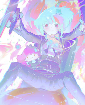 aqua_hair arms_up ascot belt black_jacket black_pants bow bowtie brooch colored_eyelashes gapamopa hair_ornament halftone highres jacket jewelry lala_(little_twin_stars) lio_fotia little_twin_stars looking_at_viewer multiple_belts pants pastel_colors promare purple_eyes sanrio shirt short_hair sitting smile star_(symbol) star_brooch star_hair_ornament white_ascot white_bow white_bowtie white_shirt