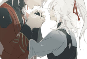 2boys age_difference aged_down artisanship_commission_uniform_(honkai:_star_rail) blade_(honkai:_star_rail) chinese_clothes hair_between_eyes hair_ribbon high_ponytail holding_hands honkai:_star_rail honkai_(series) jing_yuan long_hair looking_at_another male_focus mississipping multiple_boys open_mouth ponytail red_ribbon ribbon simple_background upper_body white_hair yaoi yellow_eyes yingxing_(honkai:_star_rail)