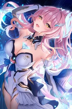 1girl absurdres aemeath_(wuthering_waves) arm_up bare_shoulders breasts cleavage commentary covered_navel detached_sleeves elbow_gloves gloves hair_between_eyes hair_ornament highres large_breasts leotard long_hair looking_at_viewer mole mole_on_shoulder open_mouth pink_hair ponytail shouhaku0512 showgirl_skirt skirt smile solo star-shaped_pupils star_(symbol) symbol-shaped_pupils tacet_mark_(wuthering_waves) thighs white_gloves white_leotard white_skirt wuthering_waves yellow_eyes