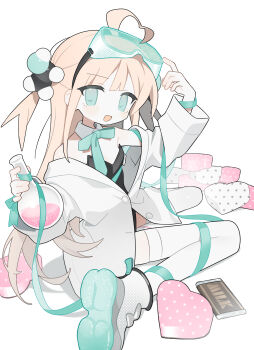 Rule 34 | 1girl, :d, ahoge, bare shoulders, black leotard, blonde hair, blush, bow, bowtie, buttons, candy, chocolate, chocolate bar, daizu (melon-lemon), detached collar, flask, food, full body, goggles, goggles on head, green bow, green bowtie, green eyes, green shoes, heart, heart ahoge, highres, holding, holding flask, lab coat, leotard, long hair, long sleeves, looking at viewer, off shoulder, open mouth, original, round-bottom flask, shoes, simple background, sitting, smile, solo, strapless, strapless leotard, thighhighs, two side up, wariza, white background, white thighhighs
