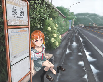 1girl absurdres ahoge black_socks blush bra bra_visible_through_clothes breasts bus_stop closed_mouth commentary fukuda_(adsgghbg) grey_shirt grey_skirt highres kneehighs love_live! love_live!_sunshine!! medium_breasts medium_hair no_shoes numazu orange_hair outdoors pleated_skirt real_world_location red_bra red_eyes school_uniform serafuku shirt single_sock sitting skirt socks solo takami_chika underwear uranohoshi_school_uniform white_shirt