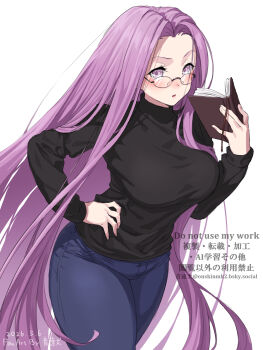 1girl :o black_sweater blue_pants blush book bookmark breasts commentary_request curtained_hair dated denim fate_(series) feet_out_of_frame glasses highres holding holding_book jeans large_breasts long_hair long_sleeves looking_at_viewer medusa_(fate) medusa_(rider)_(fate) onsoku_inu open_mouth pants purple_eyes purple_hair reading signature simple_background solo sweater thick_thighs thighs v-shaped_eyebrows very_long_hair watermark white_background