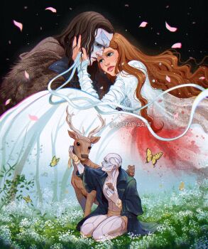 1boy 1girl artist_name bald black_coat brown_hair bug butterfly character_request coat commentary deer dress english_commentary frankenstein_(2025_film) highres insect kneeling long_coat long_hair luztapiaart multiple_views open_clothes open_coat pink_petals watermark white_dress yellow_butterfly