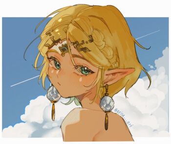 Rule 34 | 1girl, arisu art, bare shoulders, blonde hair, blue sky, border, braid, circlet, closed mouth, cloud, cloudy sky, commentary, crown braid, earrings, english commentary, facial mark, green eyes, jewelry, light blush, looking at viewer, nintendo, parted bangs, pointy ears, princess zelda, short hair, shoulder blades, sidelocks, sky, solo, teardrop facial mark, the legend of zelda, the legend of zelda: tears of the kingdom, twitter username, upper body, white border