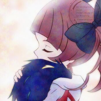 1girl brown_hair digimon digimon_(creature) digimon_beatbreak happy hug ribbon shademon takanashiringo7 yamada_haruko