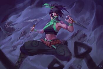 1girl abs akali arm_tattoo armor armpits artist_logo baggy_pants black_eyeliner black_hair black_pants boots crop_top dagger eyeliner green_boots hair_tie high_ponytail highres holding holding_dagger holding_knife holding_weapon kaerruu knife kunai league_of_legends logo long_hair looking_to_the_side makeup mask mouth_mask navel pants ponytail red_eyeliner rope_belt smoke solo_focus tattoo weapon wristband