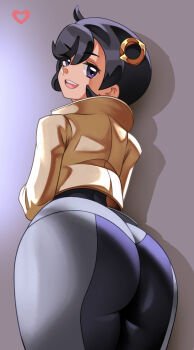 1girl ass back black_bodysuit black_hair bodysuit bodysuit_under_clothes brown_jacket dark-skinned_female dark_skin emma_(pokemon) hair_ornament highres iiros jacket long_sleeves looking_at_viewer looking_back nintendo open_mouth pokemon pokemon_legends:_z-a purple_eyes short_hair solo swept_bangs thighs wide_hips
