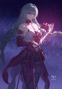 1girl absurdres bandaged_arm bandages bare_shoulders bgij black_skirt breasts closed_mouth commentary_request dated dress fingernails flower grey_eyes grey_hair grey_pantyhose halter_dress halterneck heterochromia highres holding holding_flower long_hair medium_breasts nail_polish pantyhose partial_commentary phrolova_(wuthering_waves) red_dress red_eyes red_nails signature skirt solo spider_lily wuthering_waves