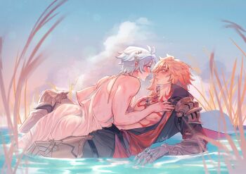 2boys ancient_greek_clothes antenna_hair arm_tattoo armlet bare_pectorals black_coat black_pants blonde_hair blue_eyes blue_sky blush braid chest_tattoo chiton clawed_gauntlets coat commentary earrings english_commentary facial_tattoo from_side gold_earrings gold_necklace gradient_hair greco-roman_clothes highres honkai:_star_rail honkai_(series) jewelry laurel_crown leg_armor liyrical male_focus medium_hair multicolored_hair multiple_boys mydei_(honkai:_star_rail) necklace open_clothes open_coat pants pectorals phainon_(honkai:_star_rail) profile red_hair red_tattoo short_hair side_braid sky tattoo wet wet_clothes wet_hair white_hair yaoi yellow_eyes