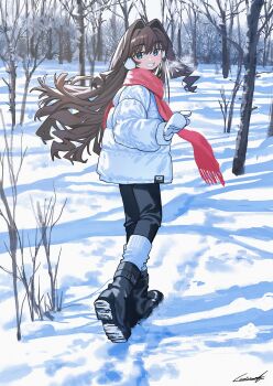 1girl bare_tree black_boots black_pants blue_eyes boots breath brown_hair coat commentary_request day earmuffs floating_hair forest from_behind full_body grin hair_ears highres long_hair long_sleeves looking_at_viewer looking_back luicent mittens nature original outdoors pants pink_scarf scarf shadow smile snow snow_boots socks socks_over_pants solo tree turning_head walking white_coat white_socks winter winter_clothes winter_coat
